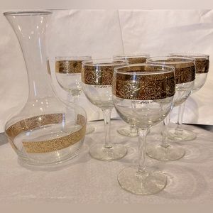Set of 6 Signed Vintage MCM Culver Wine Glasses and Decanter